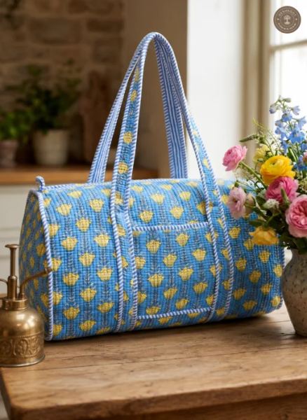 Handcrafted Quilted Blue Floral Duffle Bag