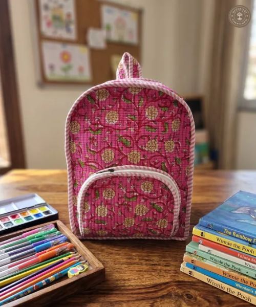 Handcrafted Quilted Floral Cotton Kids Backpack – Pink Printed School & Travel Bag