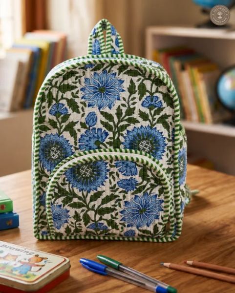 Handcrafted Quilted Blue Floral Cotton Kids Backpack – Lightweight School & Travel Bag