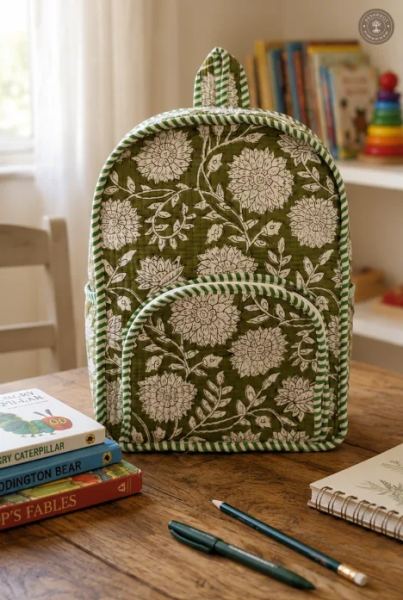 Handcrafted Quilted Olive Green Floral Cotton Kids Backpack – Lightweight School & Travel Bag