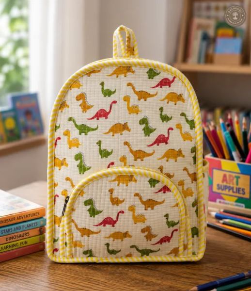 Handcrafted Quilted Dinosaur Print Cotton Kids Backpack – Lightweight School & Travel Bag