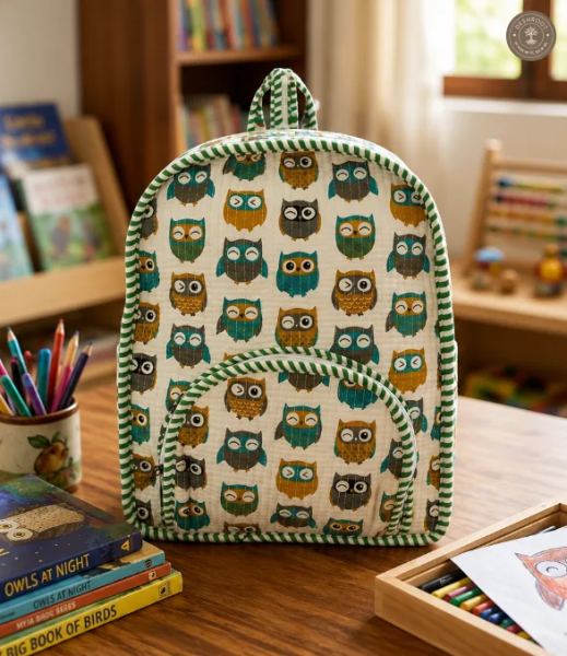 Handcrafted Quilted Owl Print Cotton Kids Backpack – Lightweight School & Travel Bag