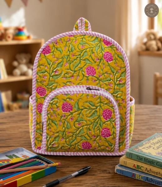 Handcrafted Quilted Yellow Floral Cotton Kids Backpack – Lightweight School & Travel Bag