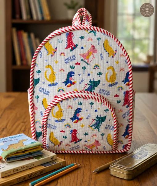 Handcrafted Quilted Dinosaur Print Cotton Kids Backpack – Lightweight School & Travel Bag