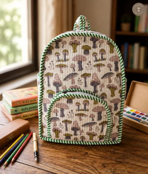 Handcrafted Quilted Mushroom Print Cotton Kids Backpack – Lightweight School & Travel Bag