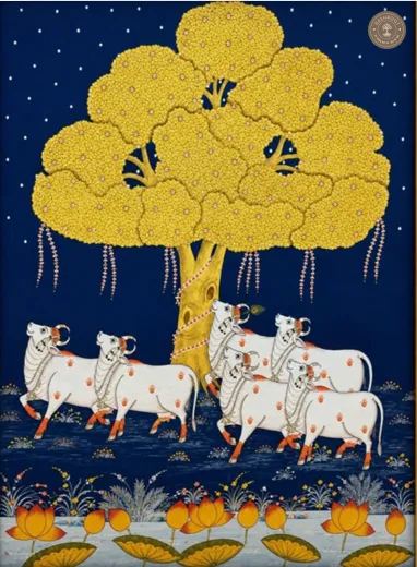 Pichwai Kamdhenu Cow Painting Under the Kalpavriksha Tree