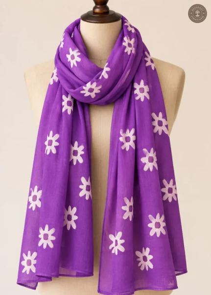 Pure Cotton Hand-Dyed Stole – Purple Floral Designer Ethnic Wrap