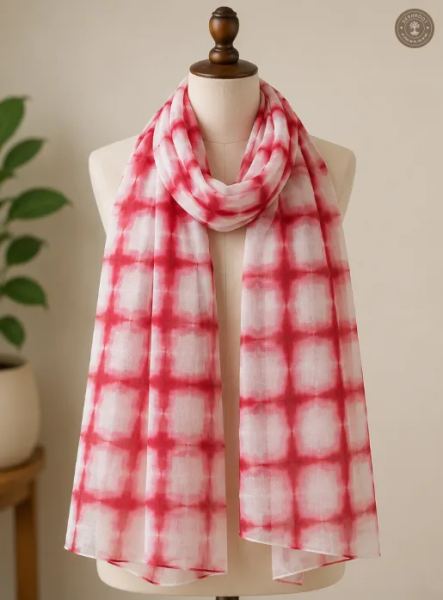 Pure Chanderi Silk Cotton Hand-Dyed Shibori Check Stole – Red & White Designer Ethnic Scarf