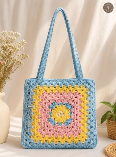 Handmade Crochet Granny Square Tote Bag – Cotton Knitted Shoulder Bag for Women