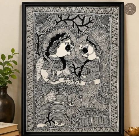 Handmade Radha Krishna Madhubani Painting on Canvas Paper
