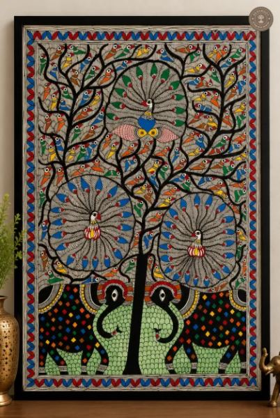 Handmade Tree of Life Madhubani Painting with Peacocks & Elephants on Canvas Paper