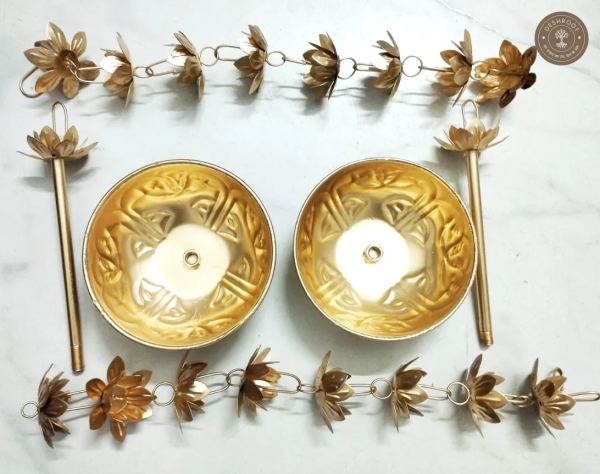 Handcrafted Brass Gold Lotus Rain Chain Urli Bowl Set for Home & Temple Decor (SET OF 2)