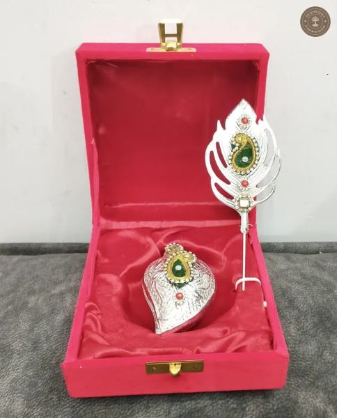 Silver-Finish Peacock Feather and Paan-Patta Sindoor/Roli Box Set