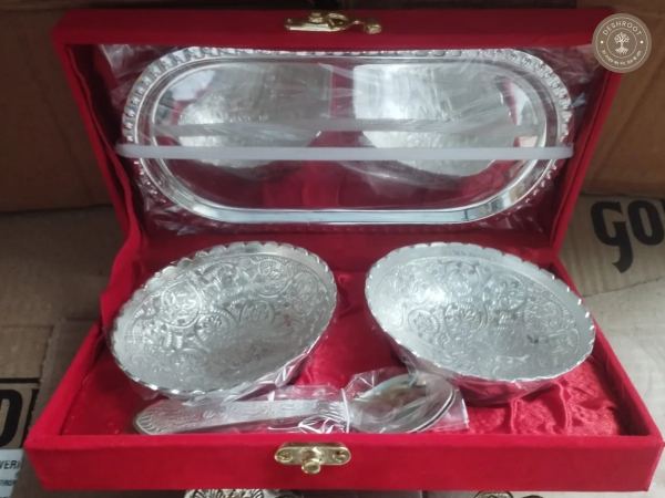 Royal Gold & Silver Plated Katori Set (2 Katoris, 2 Spoons, 1 Tray - with Premium Red Velvet Box)