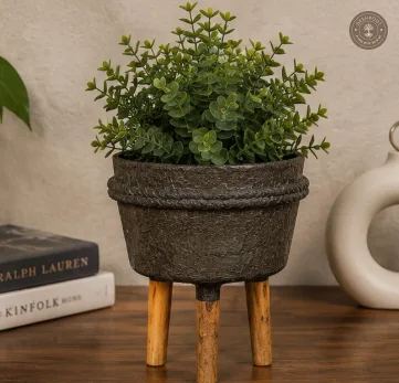 Handcrafted Paper Mache Planter Pot with Wooden Legs