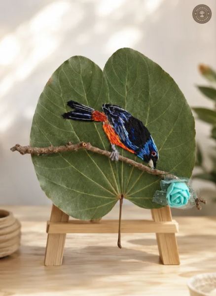 Handcrafted Embroidered Bird Leaf Art