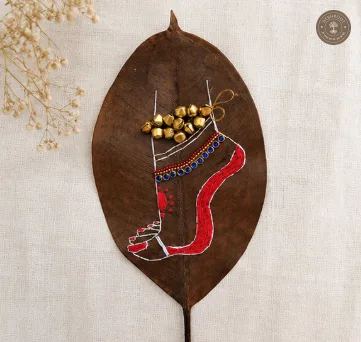 Handcrafted Embroidered Lord Vitthal Sacred Feet Leaf Art