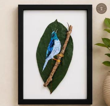 Handcrafted Embroidered Blue Bird Leaf Art (2)