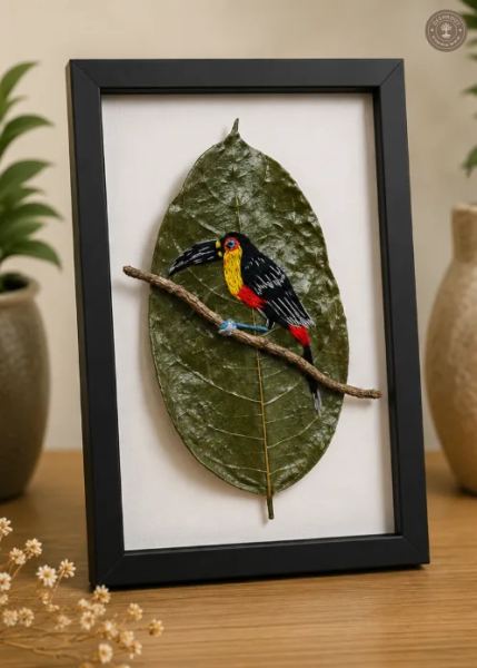 Handcrafted Embroidered Toucan Bird Leaf Art