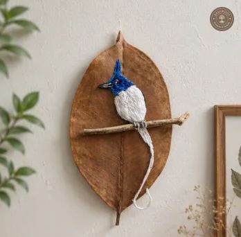Handcrafted Embroidered Blue Jay Leaf Art