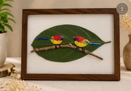 Handcrafted Embroidered Love Birds Leaf Art