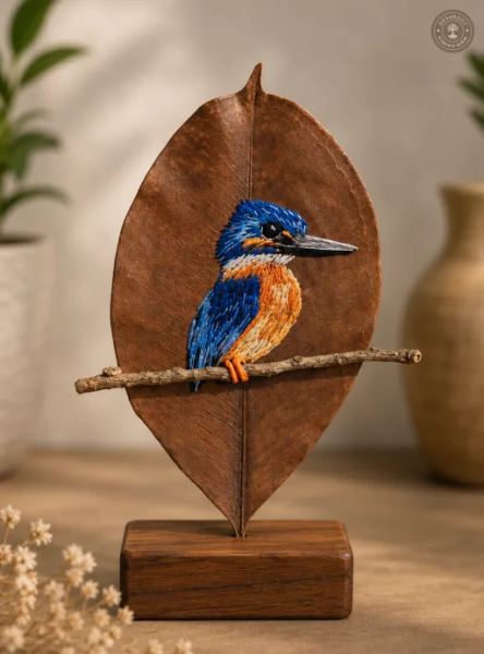 Handcrafted Embroidered Kingfisher Leaf Art