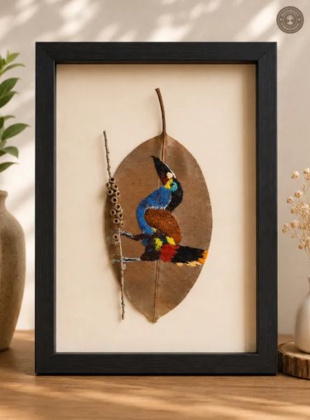 Handcrafted Embroidered Tropical Bird Leaf Art