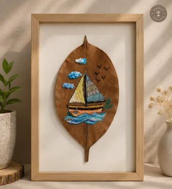 Handcrafted Embroidered Sailboat Leaf Art
