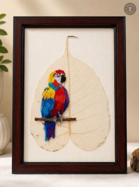 Handcrafted Embroidered Macaw Parrot Leaf Art