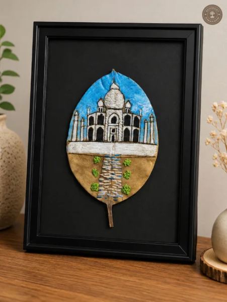 Handcrafted Taj Mahal Leaf Art in Wooden Frame