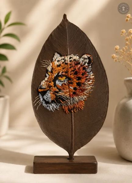 Handcrafted Embroidered Leopard Leaf Art