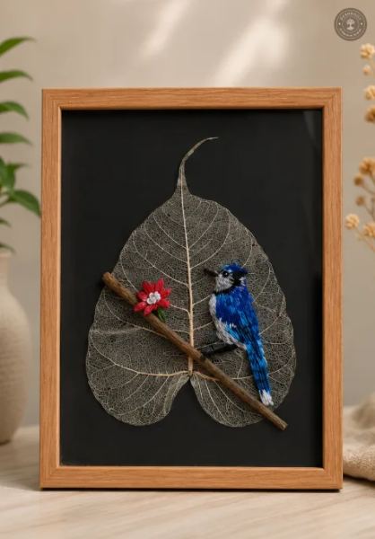Handcrafted Embroidered Blue Songbird Leaf Art in Wooden Frame