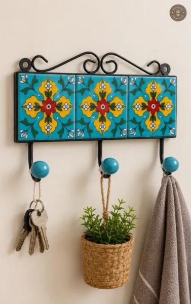 Handcrafted Jaipur Blue Pottery Triple Wall Hook
