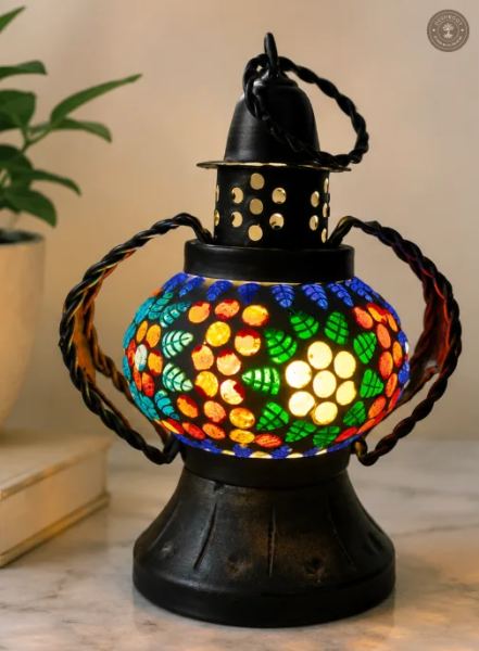 Handcrafted Jaipur Blue Pottery Mosaic Table Lantern