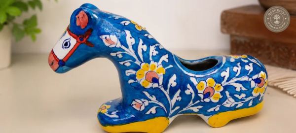 Handcrafted Blue Pottery Horse Planter