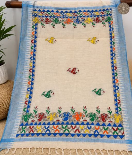 Hand-Painted Madhubani Fish Motif Khadi Cotton Dupatta