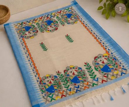 Hand-Painted Madhubani Bird Motif Khadi Cotton Dupatta