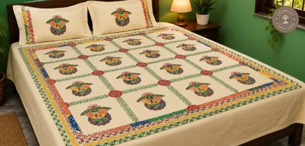 Handmade Mithila Art Double Bedsheet with Kalash Motif