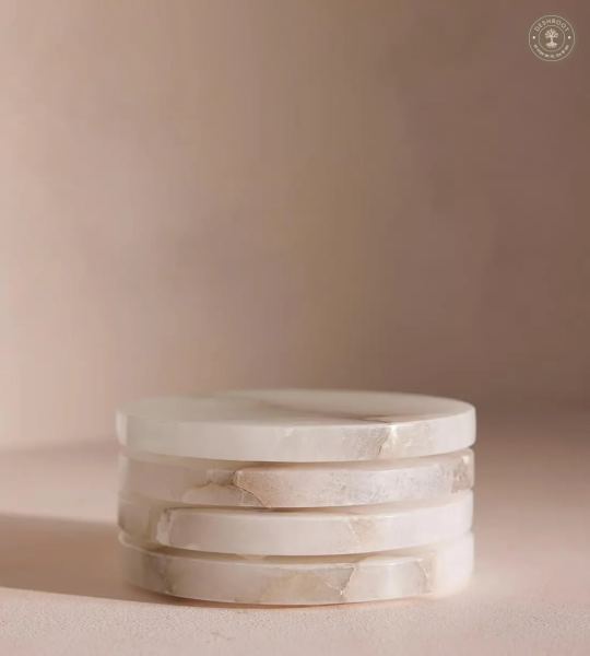 Premium Handcrafted Alabaster Marble Coaster Set with Holder (Set of 4)