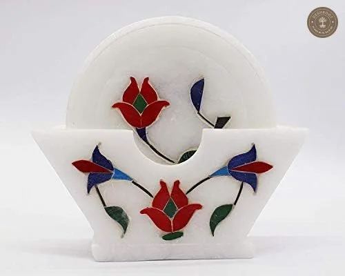 Handcrafted White Marble Floral Inlay Coaster Set with Holder