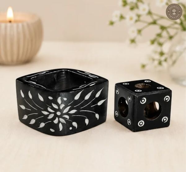 Agra Marble Inlay Black Marble Agarbatti & Tealight Holder