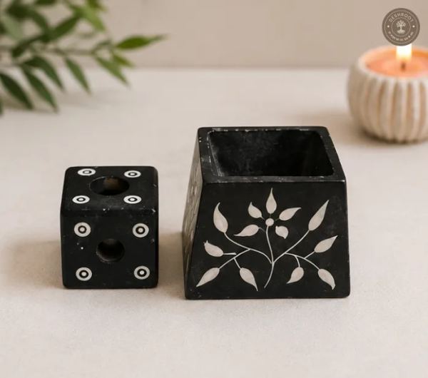 SacredStone Black Marble Incense & Tealight Stand