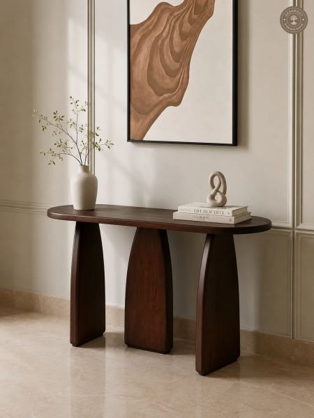 Modern Tri-Pedestal Walnut Console Table