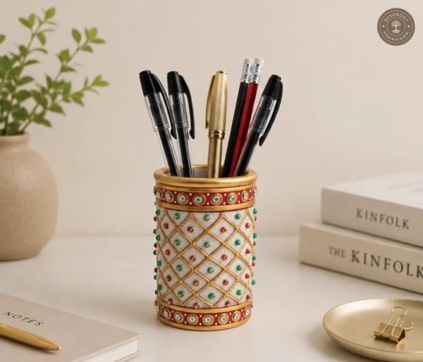 Handcrafted White Marble Pen Holder with Kundan Work - Premium Desk Organizer for Pens, Pencils & Stationery