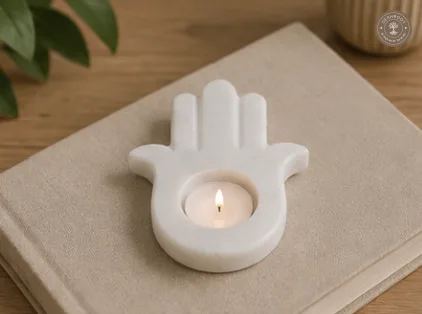 Handcrafted Agra White Marble Hamsa Hand Tea Light Holder