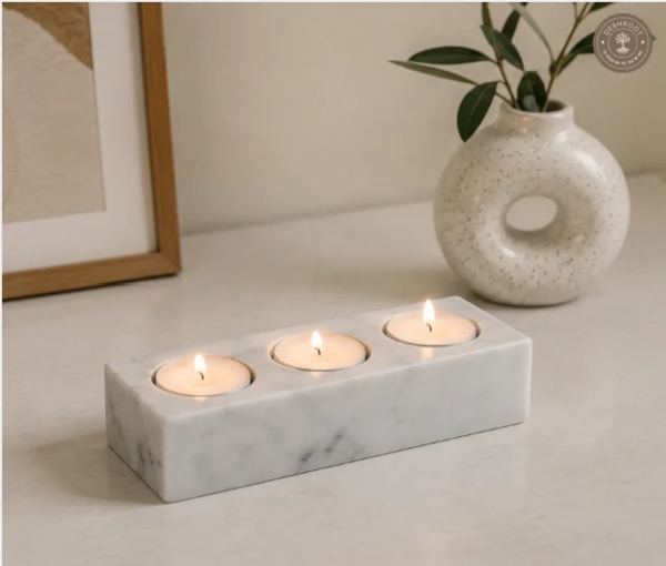 Handcrafted Sangmarmar Marble Triple Tealight Candle Holder