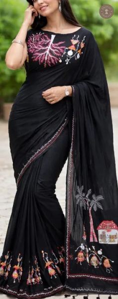 Black Cotton Saree with Handcrafted Folk Dance & Tree Artwork