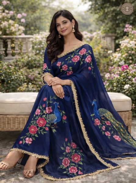 Navy Blue Floral & Peacock Printed Saree with Golden Border
