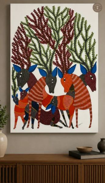 Gond Painting – Vibrant Tribal Horses & Tree of Life Acrylic Artwork on Canvas
