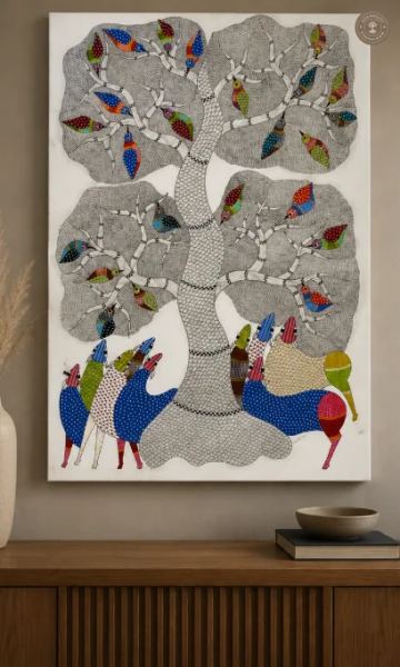 Gond Painting – Tree of Life with Birds & Peacocks